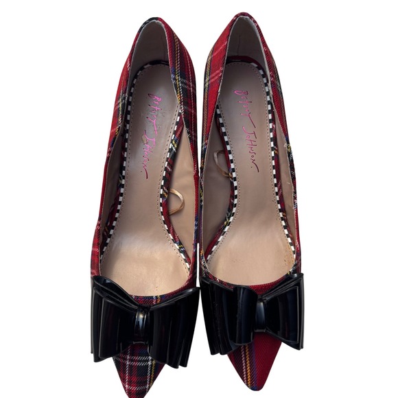 Betsey Johnson Heel 9 Christmas Red Plaid Bow Stiletto Pointed Toe Pumps Holiday - Picture 4 of 10
